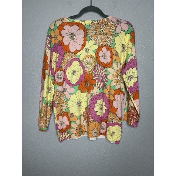 Talbots Bright Floral Lightweight Cardigan Yellow Pink 3/4 Sleeve Size Large - Picture 2 of 7